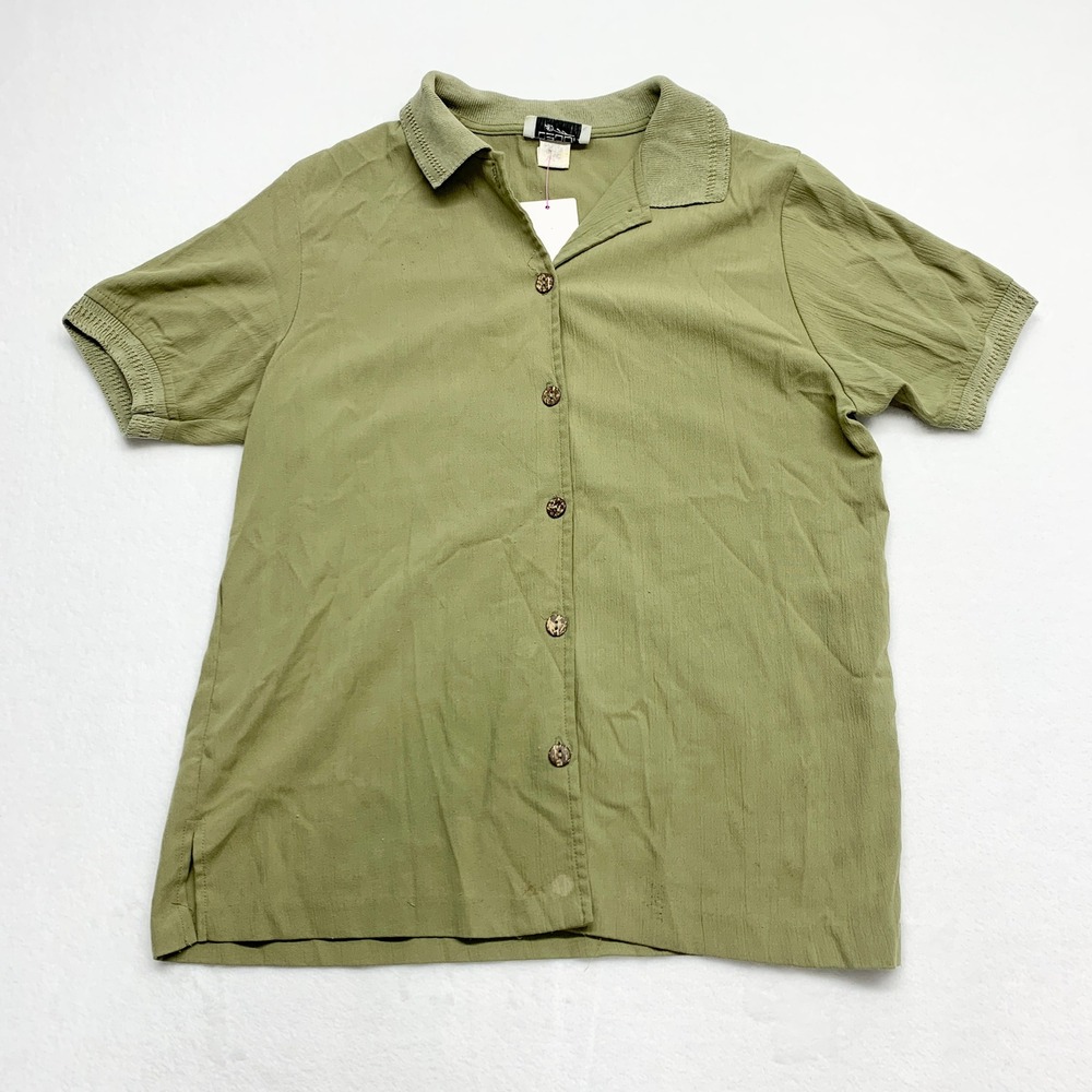 Vintage TEDDI Sage Green Button Up Shirt Women Size S Short Sleeve Textured Y2K